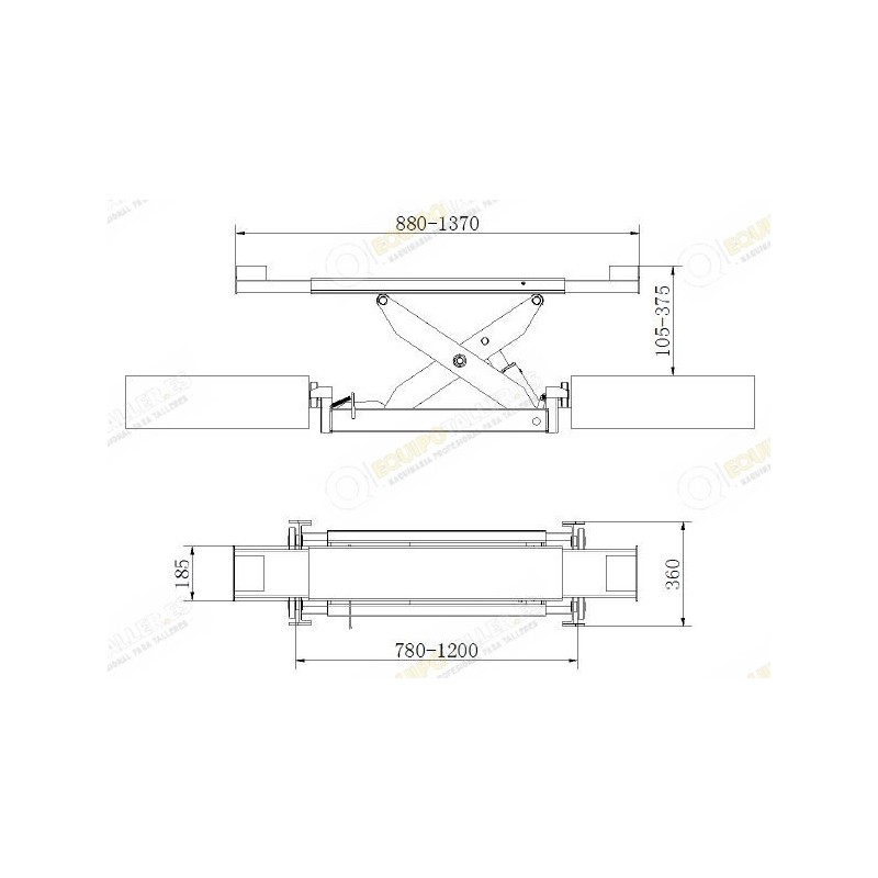 Plano superior con plataformas y separación de columnas, elev 4 columnas